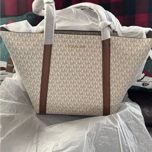 Michael Kors Signature Cream and Brown Tote